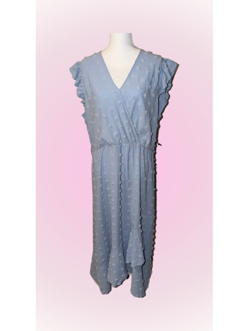 Womens XXL Extra Large High-Low Hem Long Dress | Pastel Blue with Ruffle Slvs